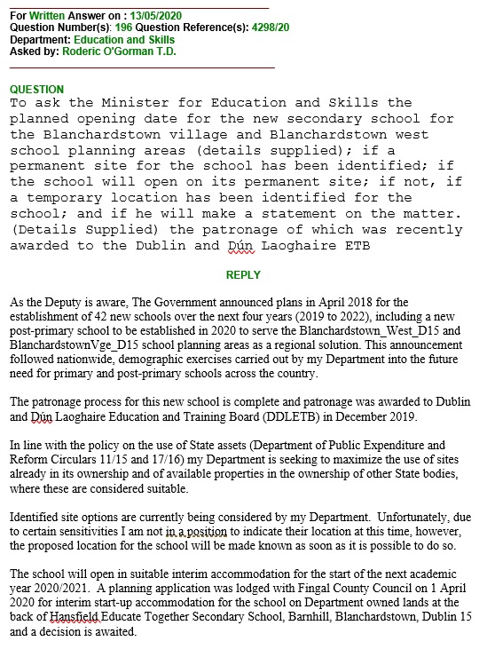 rodericogorman's tweet photo. The Dept of Education has sought temporary planning permission to start the new ETB secondary school for 'Blanch Village and Blanchardstown West' on land behind Hansfield Educate Together SS (opening in September). I don't get the impression this will be permanent site #dubw https://t.co/D4duAoPpGV