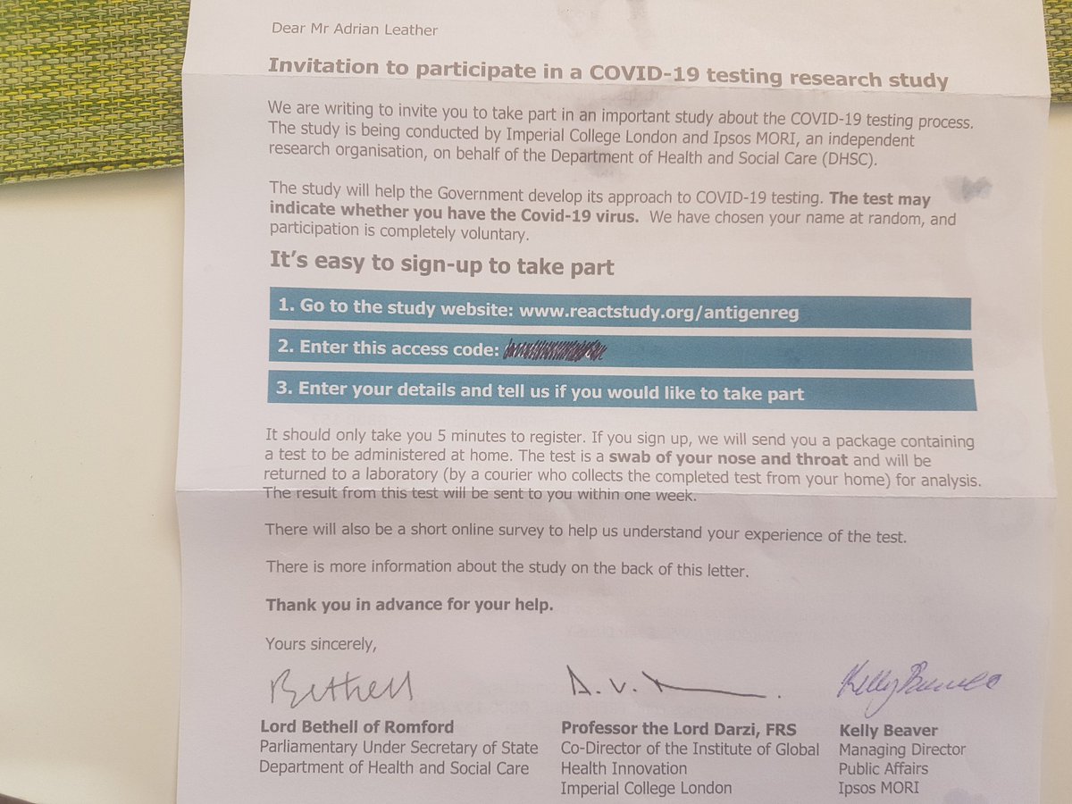 I have received a letter inviting me to be part of the Government COVID research study and have a test for having the virus.  Have just consented to being part of this and using a home test kit.  Exciting times!