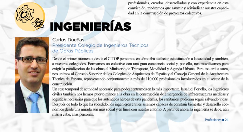 ColegioITOP's tweet photo. Nuestro presidente, @cardueab analiza el papel de la #IngenieríaCivil y las acciones del Colegio de Ingenieros Técnicos de #ObrasPúblicas ante la #COVID en la revista #Profesiones de @UProfesional 

https://t.co/ye5pRO8EuI https://t.co/1vujhIGcp5