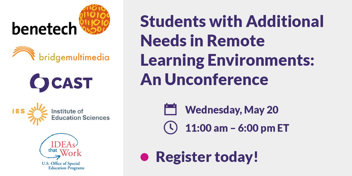 CAST_UDL's tweet photo. Students with Additional Needs in Remote Learning Environments: An Unconference, hosted by @Benetech, Bridge Multimedia, and CAST. Wednesday, May 20, 11:00am โ 6:00pm ET. Learn more and register: https://t.co/swliXhH7TI https://t.co/S3QdLoDkvd