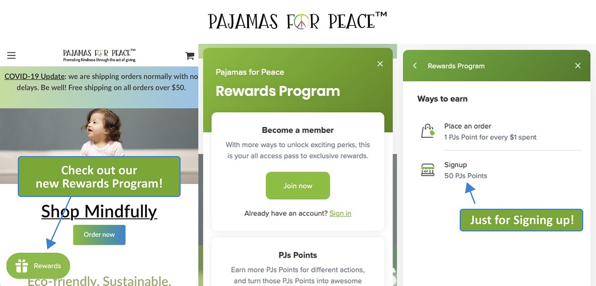 PajamasForPeace's tweet photo. We’re excited to introduce our new Pajamas for Peace rewards program. Each time you place an order, you earn 1 “PJ point” for every dollar spent. Points convert to coupons. It’s completely free and super easy! 

Bonus:  Get 50 points just for signing up @ https://t.co/kgpyBb5TJK https://t.co/X3YoUBKVOY