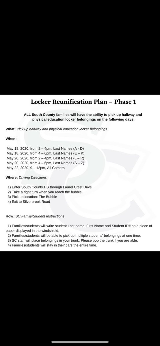 SC Families! We are ready for you! See the instructions to gather your locker (hallway &amp; PE) belongings next week! #Passtoafriend #retweet🙏 <a href="/socohs/">South County HS</a> <a href="/SoCoHypesquad/">StallionNation</a> <a href="/socoleadership/">South County SGA</a> <a href="/Karen4Schools/">Karen CorbettSanders</a> <a href="/LJ4fcps/">LJ Cohen</a> <a href="/SoCoFootball/">Stallion Football</a> <a href="/SoCoBoF/">SoCo Battle of the Fans</a> @soco_principal