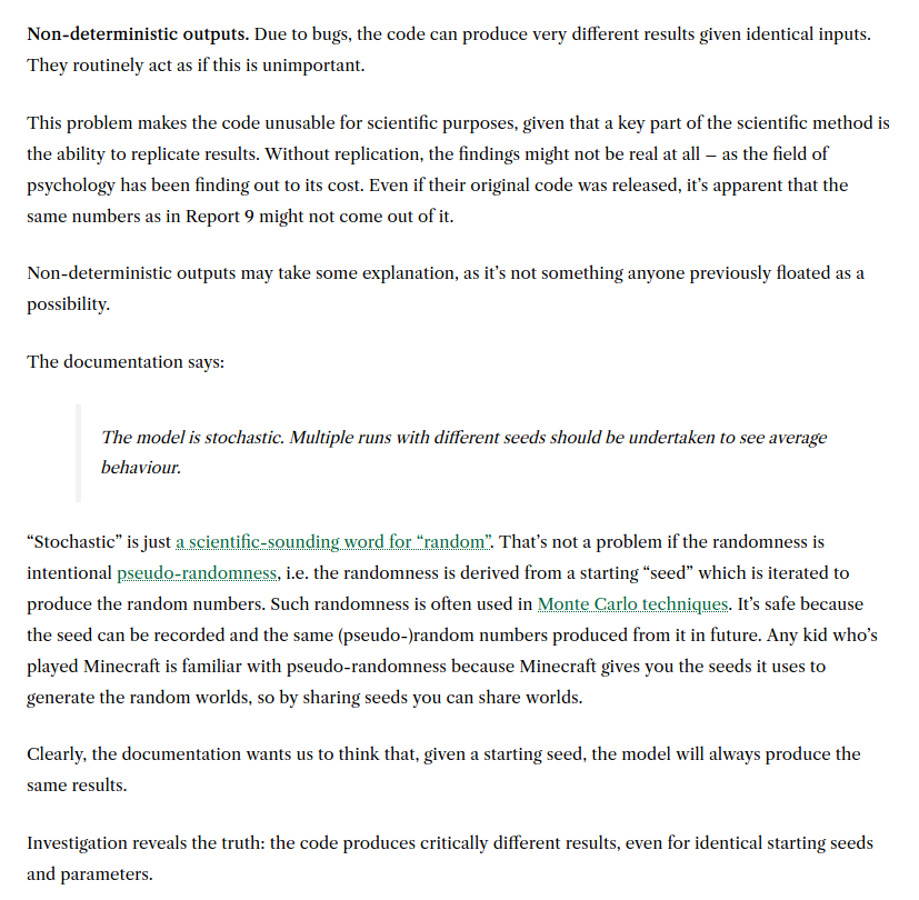 Nos dice que los del Imperial College dicen que es un programa 'estocástico' y él nos recuerda que ese palabro quiere decir 'aleatorio'. Es decir que no produce resultados fiables. Cada vez que se hace una simulación los resultados que da son diferentes.