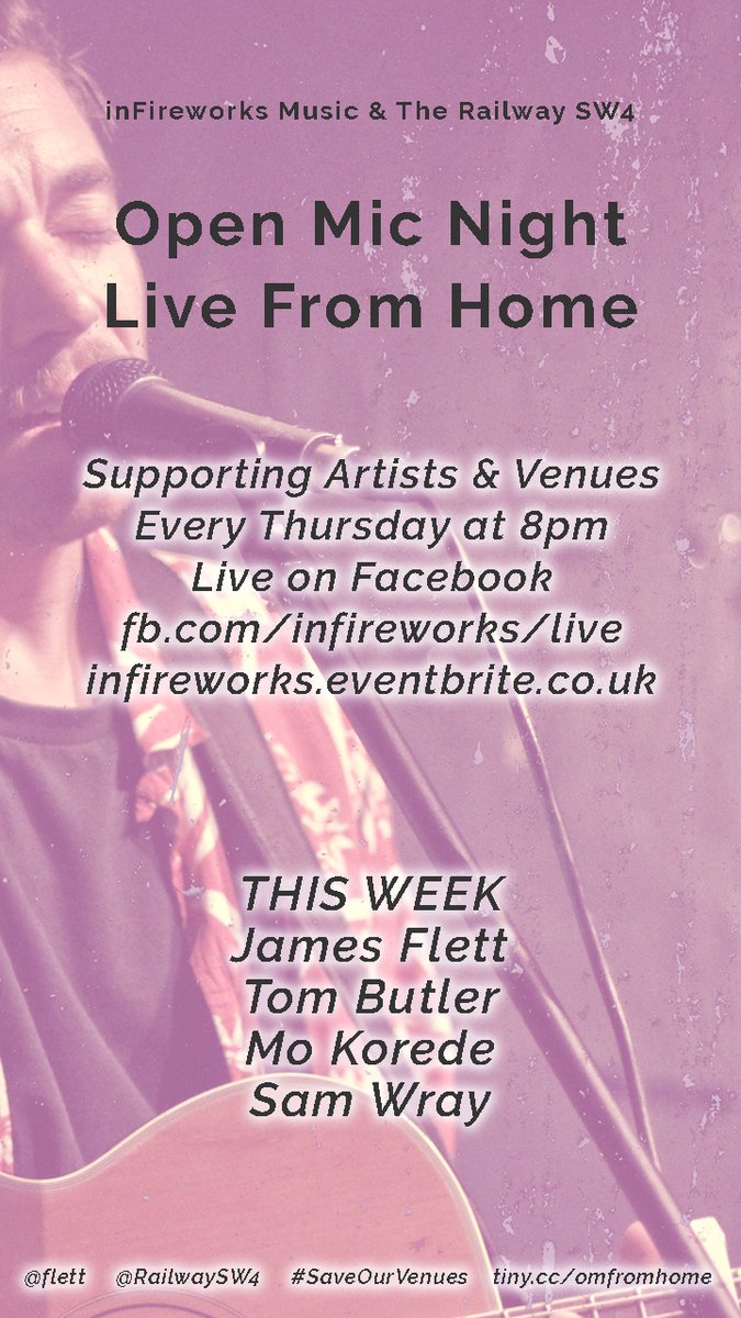 inFireworks's tweet photo. We've made this 'thing' and we've got artists joining us to play the stream straight after the NHS Clap every week.
Tonight it's @TomButlerSings ,  Mo Korede and @srwray joining James. See you on Facebook? https://t.co/wgX5dEx72W