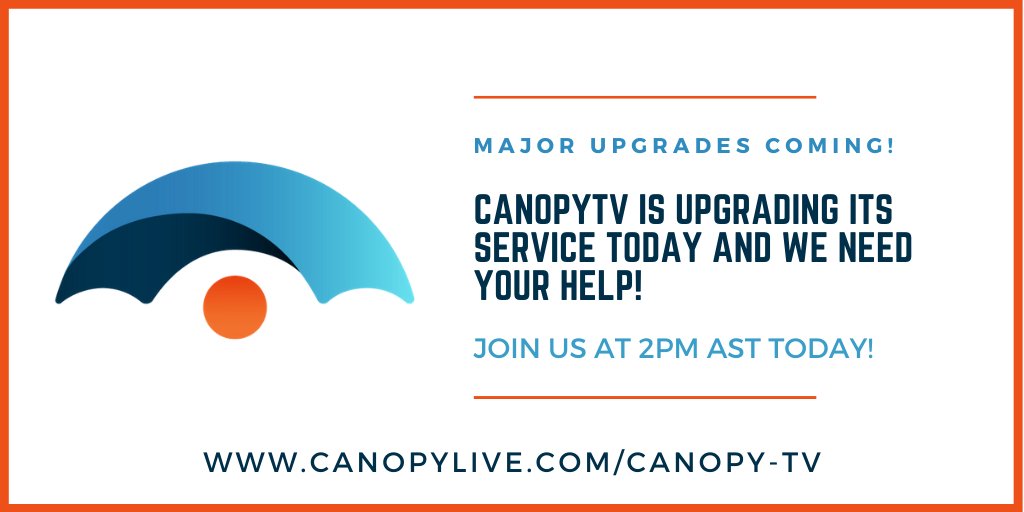 Congress Saints,

CANOPYTV IS UPGRADING ITS SERVICE TODAY AND WE NEED YOUR HELP!

To test how the system will perform when over 1k users tune in, we will be doing a special two-hr broadcast 14:00 hrs  - 16:00 hrs AST today, 14 May 2020.  

See you at 2pm AST today!
