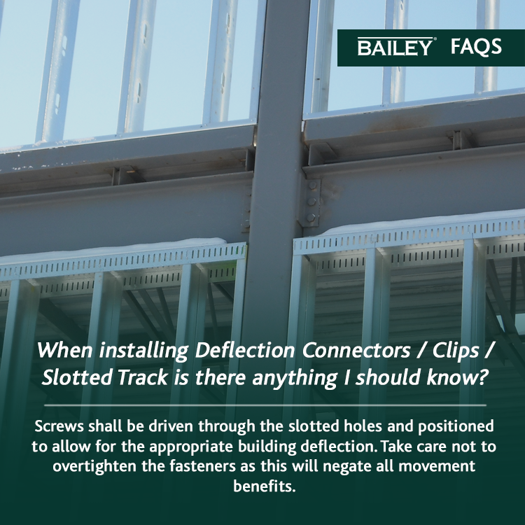 baileymetal's tweet photo. When installing Deflection Connectors/Clips/slotted track is there anything I should know? Screws shall be driven through the slotted holes and positioned to allow for the appropriate building deflection.
#baileyfaq #structuralframing #slottedtrack #steelstuds #steelframing https://t.co/lhr70epuXW