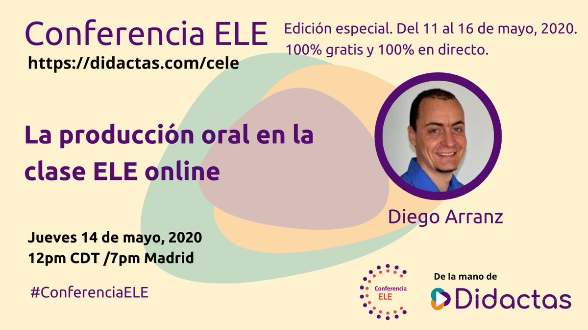 Muy pronto Diego Arranz
 presenta “La producción oral en la clase ELE online” #ConferenciaELE
Puedes verlo en   youtu.be/v7H81lenLEo 
Inscripción gratis en la Conferencia ELE en buff.ly/2WHqCsR