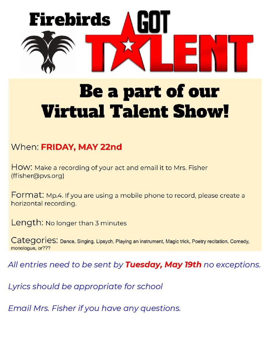 With #PVSDistanceLearning, we work hard to encompass all components of school - including our beloved talent show. This year, we've gone virtual! We can't wait to see what our Firebirds come up with for our first-ever #VirtualTalentShow!
