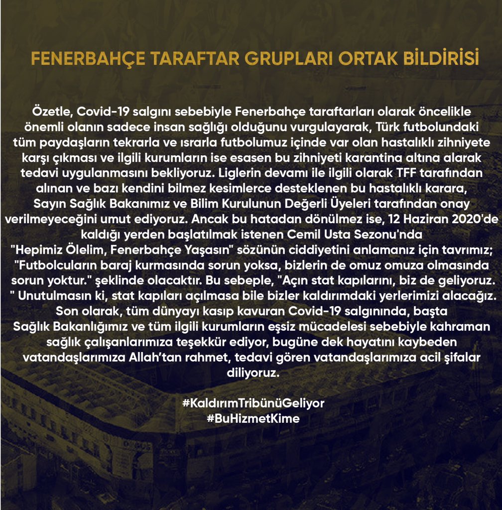 FENERBAHÇE TARAFTAR GRUPLARI ORTAK BİLDİRİSİ

BARAJ KURULUYORSA, OMUZ OMUZA DA YAPILIR!
#KaldırımTribünüGeliyor #BuHizmetKime