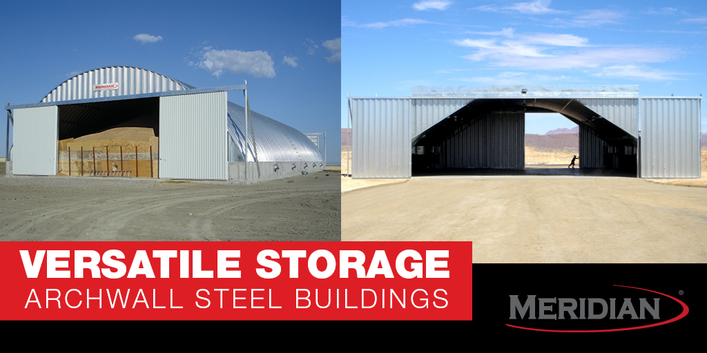 meridianmfg's tweet photo. Are you looking for versatile product storage? Check out our #ArchWall Steel Buildings! ArchWall buildings last for generations, can be easily expanded and can store grain, fertilizer, livestock, vegetables, equipment, and more! They also make great shops or rec buildings. https://t.co/DnH6mENo7n