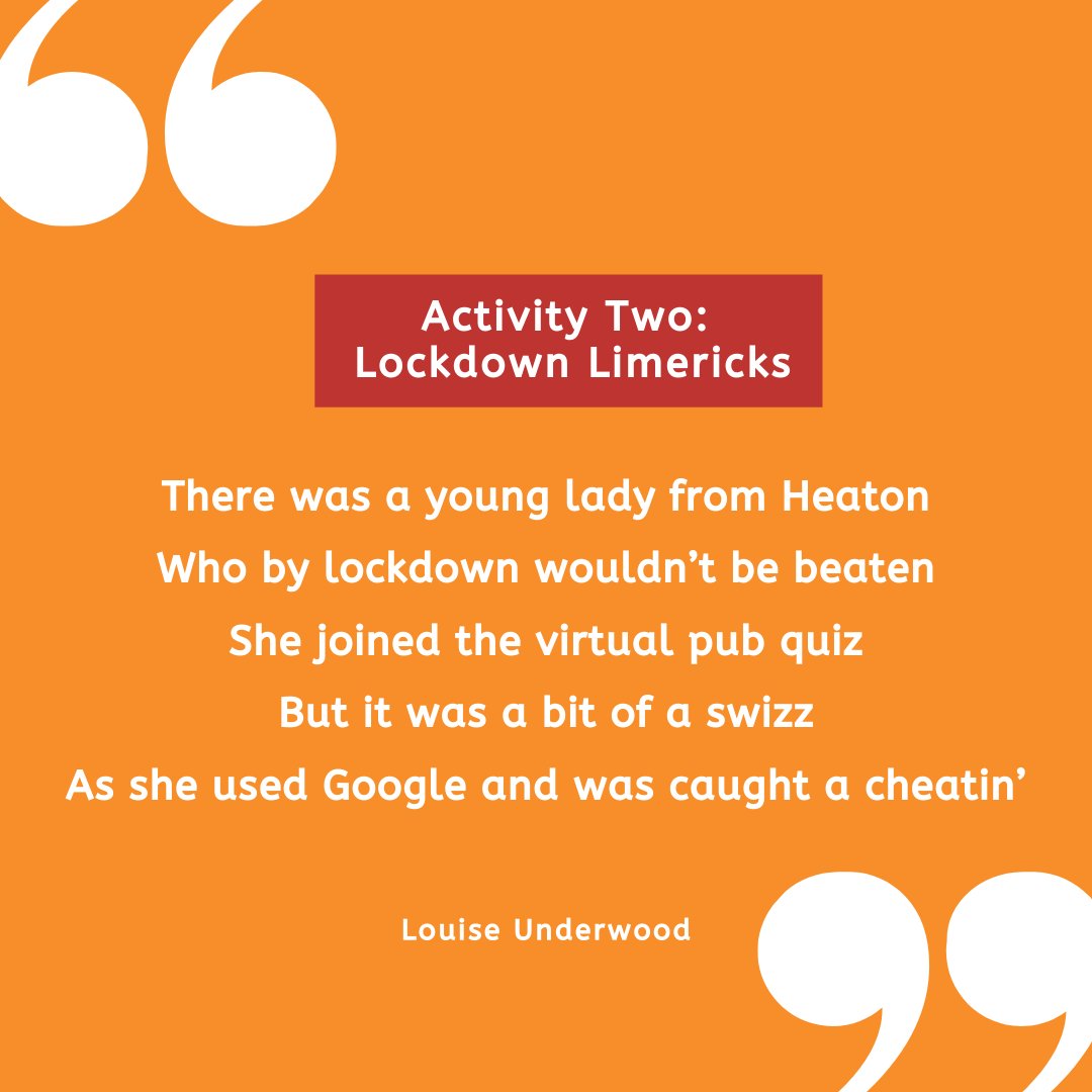 NCLCarers's tweet photo. Activity 2 of Lockdown Creative with @obsesivcreativ: Lockdown Limericks! Can you remember any funny #limericks from your childhood? Can you come up with any of your own? Send us your limericks, we'd love to read them! More about #LockdownCreative> https://t.co/5TWf3fzB5u https://t.co/J9UptdG91n
