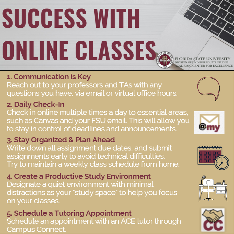 FSU_ACE's tweet photo. The second week of classes is almost here! Check out some tips to help you succeed with online classes! #ACETipOTD #ACEYourClasses https://t.co/SWEFBaKdnT