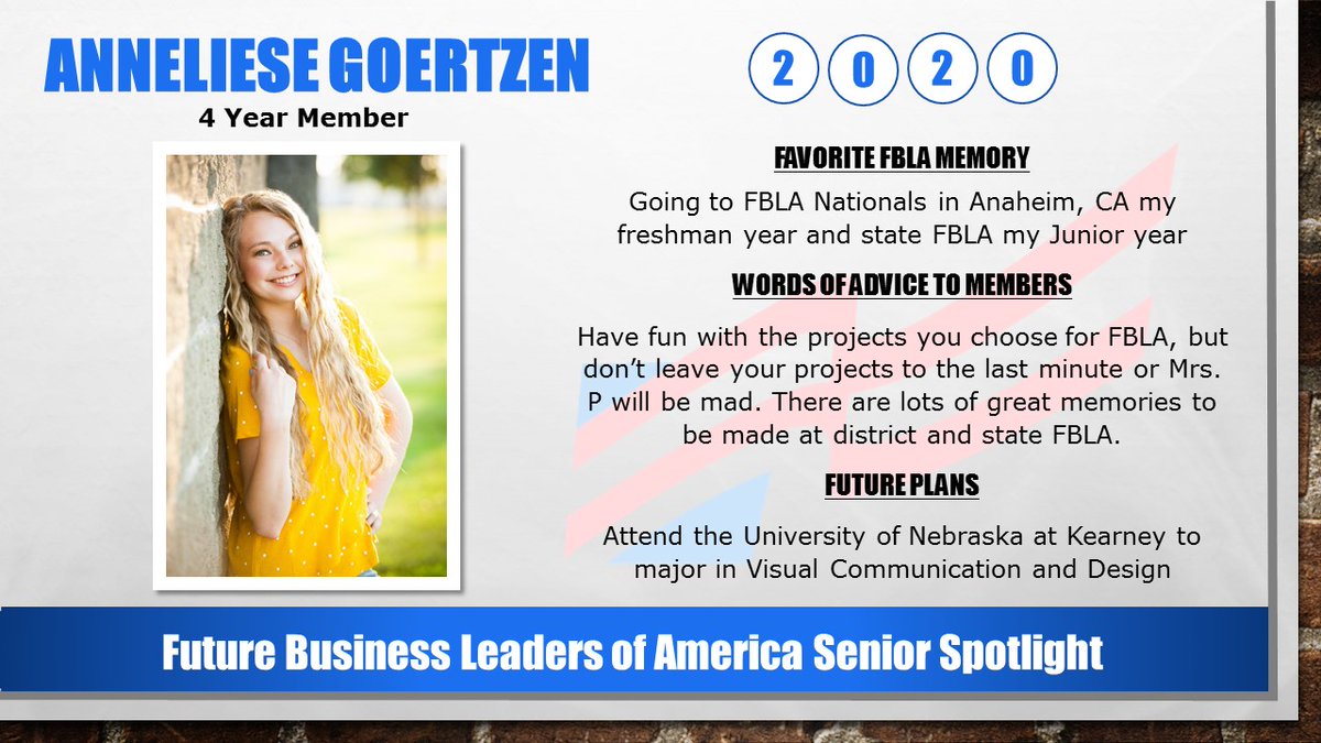 FblaRchs's tweet photo. Fbla Senior Spotlight
Anneliese Goertzen https://t.co/Te7uoAxQb1