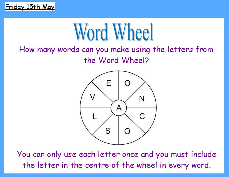helentaylorMCA's tweet photo. Good morning, Mayflower. The popular word wheel challenge is back to end the week! Have a lovely weekend #MCAy6 and stay safe.  @KellyKing_MCA @sarah_sandey @DavidSammels @Mayflower_MCA https://t.co/3u4uvDuYoj