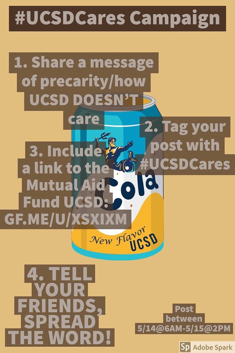 #UCSDCares, but does it tho?? This fundraising hashtag needs to show the truth about <a href="/UCSD/">UC San Diego</a>’s treatment of students &amp; workers. Share testimonies on social media &amp; use the fundraising hashtag. Instead of donating to admins, donate to the mutual aid fund gofundme.com/f/mutual-aid-u…