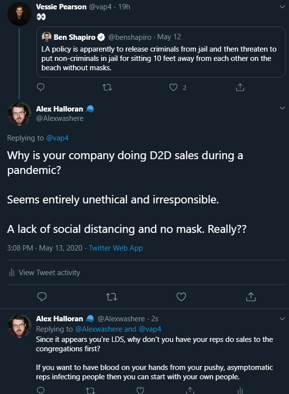 Alexwashere's tweet photo. The CEO of @Go_Aptive Vess Pearson (@vap4) has blocked me after I questioned why his pushy sales reps are doing D2D sales during a pandemic

- No masks
- No social distancing
- Disobeying my initial request the first time for no soliciting

1/ https://t.co/fOZvkzgtBI
