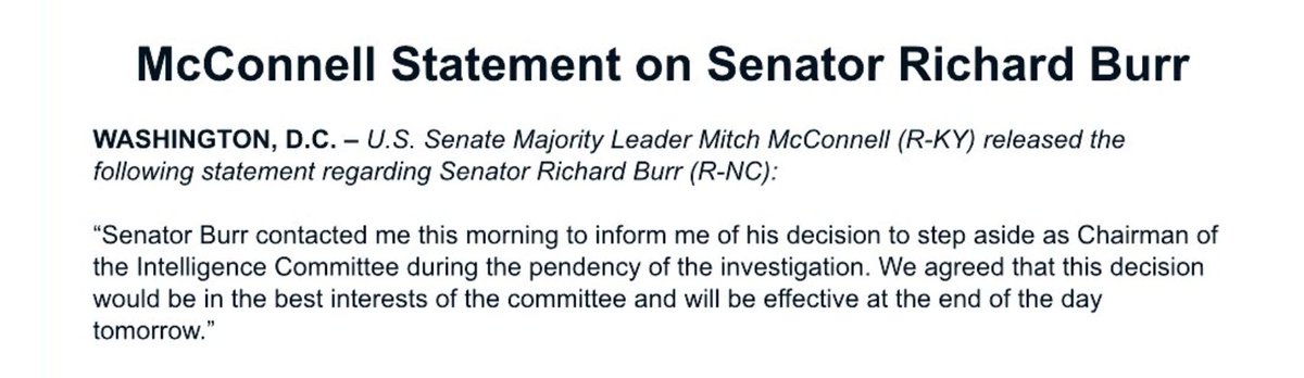 AlexMillerNews's tweet photo. NEW: Intel Chairman @SenatorBurr is giving up his role as Chairman effective end of day tomorrow.
The FBI seized Burr's phone Wednesday in relation to an investigation about his stock sales amidst the #COVID19 outbreak. https://t.co/ekLcHfO8jH