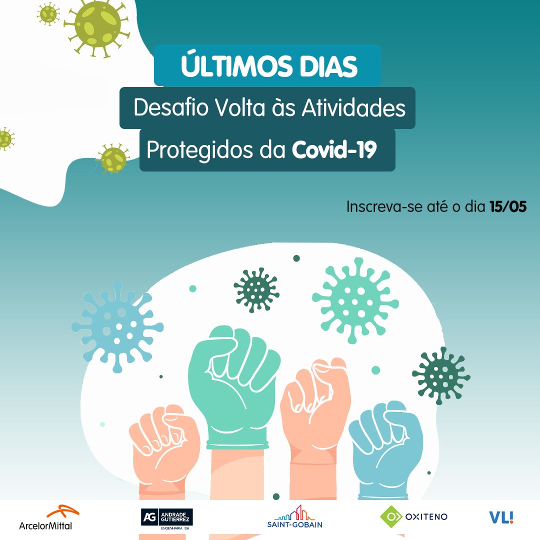 AG_Engenharia's tweet image. Amanhã (15) termina o prazo para cadastro de soluções de combate à #Covid19. A #AG, @ArcellorMittal/#Açolab, @SaintGobain, @oxiteno_brasil e #VLI vão avaliar a contratação de fornecedores com soluções inovadoras. Inscreva-se: bit.ly/3cxD99b #DesafioCovid19