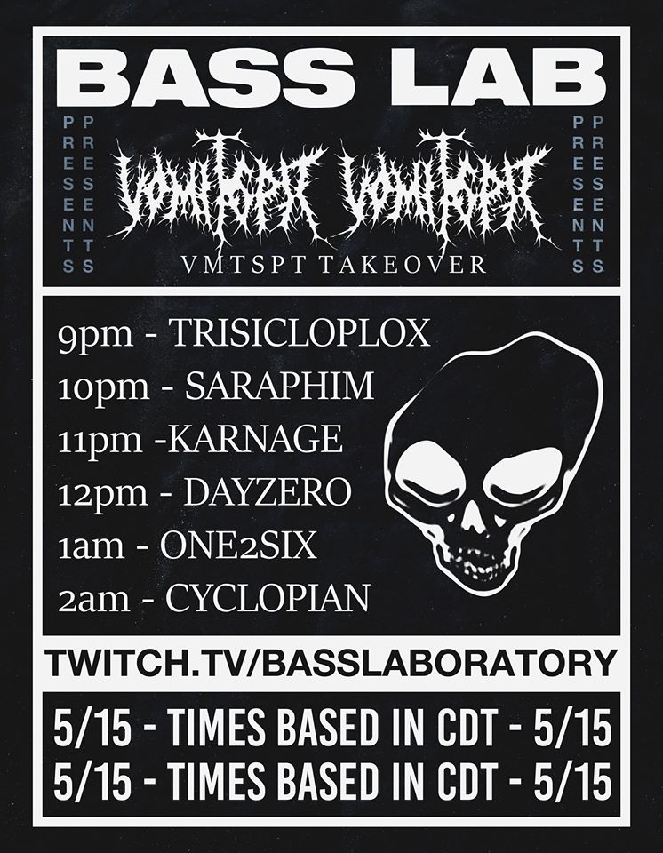 one2six3's tweet photo. Vomitspit Take over on Twitch!
First one2six set, expect a lot of different styles of experimental bass music.
From 126-170 BPM!
#Trisicoplox #Saraphim #Karnage #Dayzero #one2six #Cyclopian #Vomitspit #Vomitgang https://t.co/28FRRiwmIh