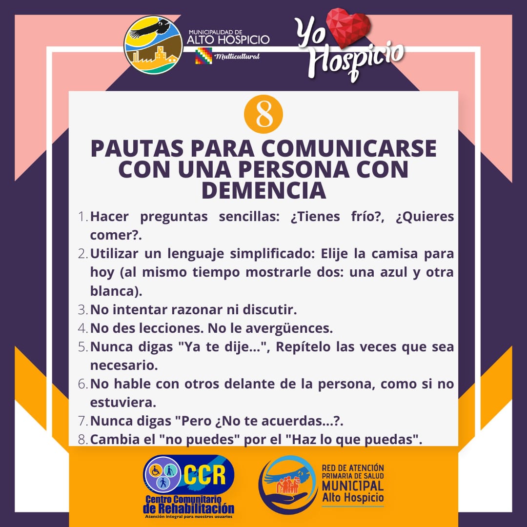 CCRAltoHospicio's tweet photo. En muchos casos la demencia presenta un deterioro en la capacidad de atender, recordar, retener o incluso entender y procesar la información.
Es por ello que a continuación ofrecemos una serie de indicaciones que pueden ser de utilidad a la hora de comunicarse.
#CCRTeCuida https://t.co/J90NIXJdMH