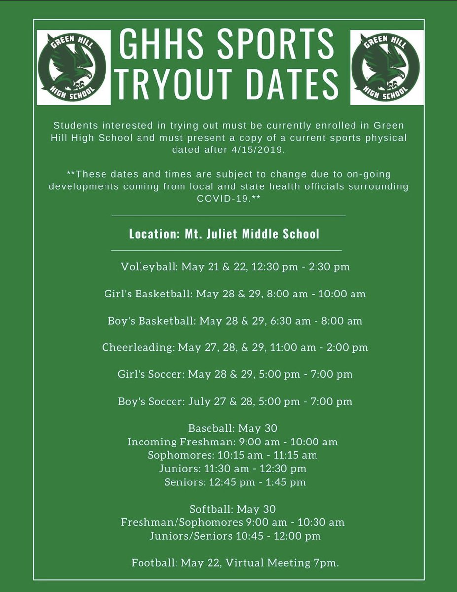 GreenHillHigh's tweet photo. Good morning GHHS Sports parents!  This is a quick *tentative* guide for all sports tryouts available right now. Please see specific sports pages on FB, Instagram or Twitter for more detailed information on tryouts.💚🤍 #TheHill @christucker0560 @WilsonK12Tn https://t.co/BF68fPYAUb