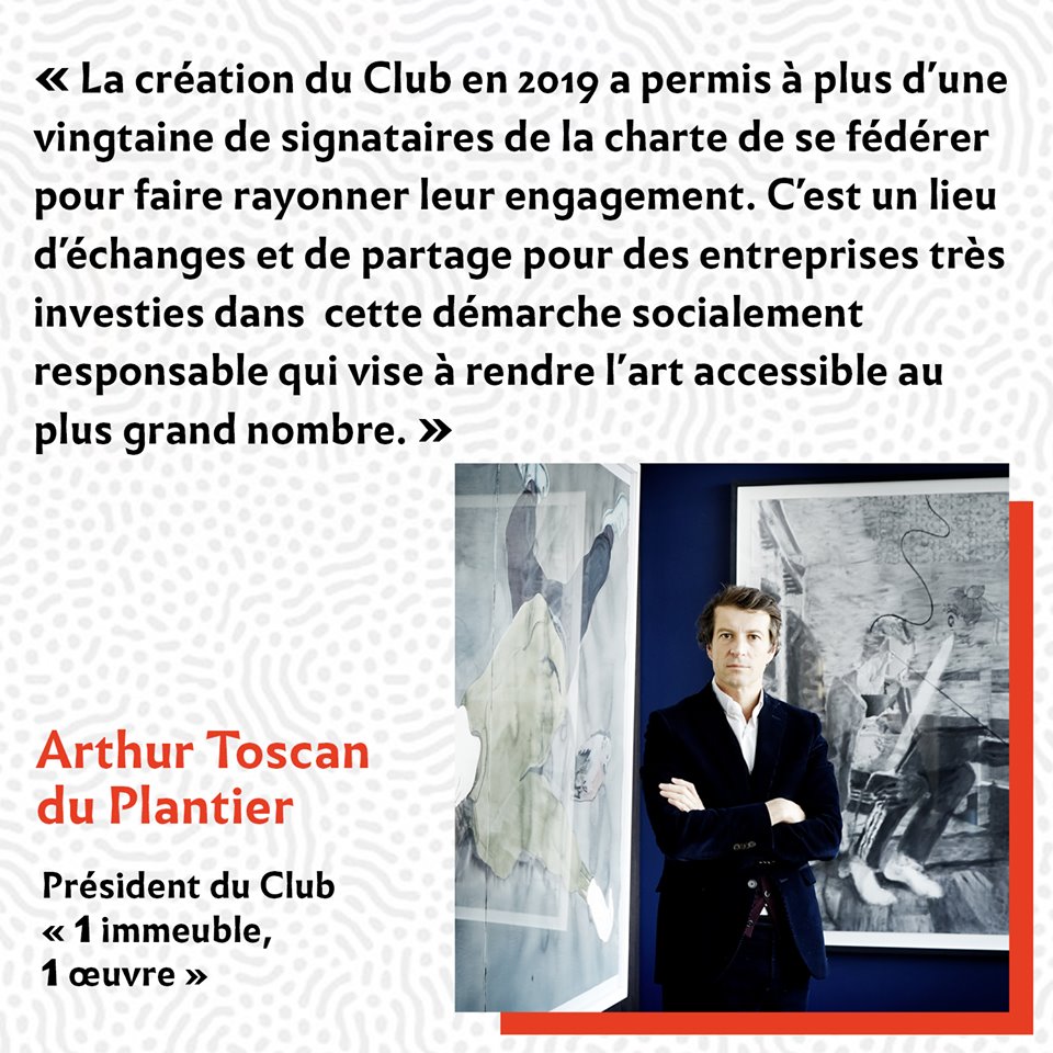 Engagé auprès des signataires de la Charte #1immeuble1oeuvre, le Club accompagne ses 23 entreprises adhérentes à travers trois missions :
• Faciliter le déroulement des projets
• Faire rayonner leurs actions auprès des publics  
• Créer des rencontres avec l'art contemporain