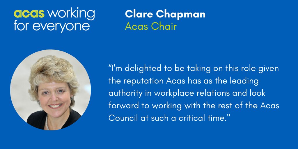 acasorguk's tweet photo. Acas is delighted to announce the appointment of Clare Chapman as the new Acas Chair. Clare will officially begin her role in July. We would like to thank Sir Brendan Barber for his contributions at Acas. Visit our press notice for more info. https://t.co/t7ACpcwnXa @beisgovuk https://t.co/qIj8EQOYoo