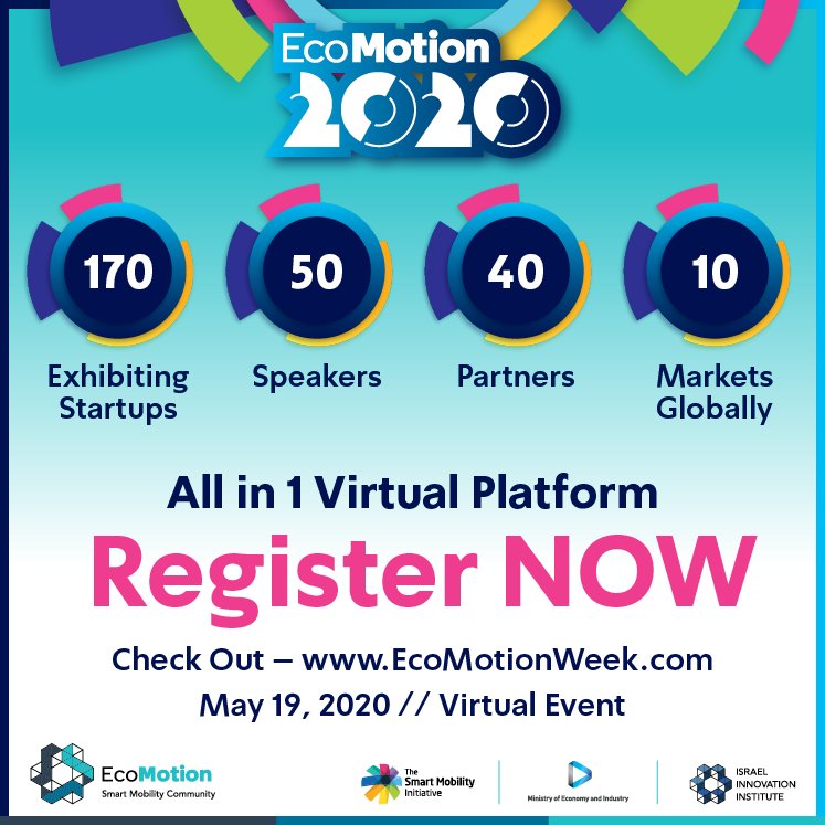 antenna_group's tweet photo. Register NOW to #EcoMotion2020 virtual event for the biggest online smart mobility event yet!
170 smart mobility startups exhibiting, 40 partners, 10 markets globally & world renowned speakers.
Register today! @EcoMotionIL
https://t.co/I6GbPcgxZ1 https://t.co/oCPvmBjq7t