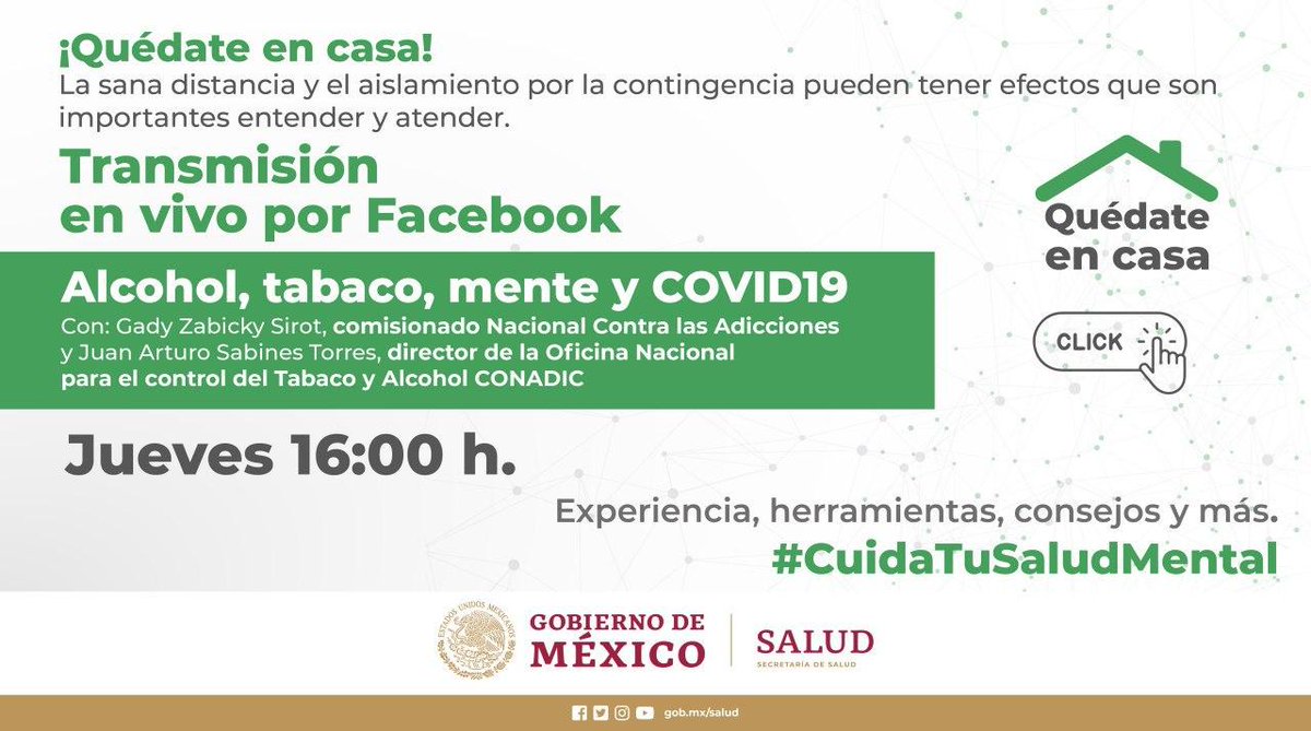 conasamamx's tweet photo. Este jueves, no te pierdas la transmisión en vivo en Facebook del Dr. @gzabicky y el Mtro. @jarsato, quienes hablarán de: alcohol, tabaco, mente #Covid19_mx @SSalud_mx @SusanaDistancia https://t.co/NnFAPCvN2x