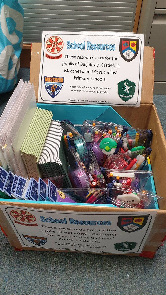 CastlehillPri's tweet photo. If you need resources to support home learning, we have put boxes with paper, jotters &amp; filled pencil cases in the Kenilworth @DayTodayShops and Ledi Drive @Scotmid. Please take what you need and we will refill as required. Thanks to @Tesco for the donations. #Together https://t.co/pxkn0U9ku4