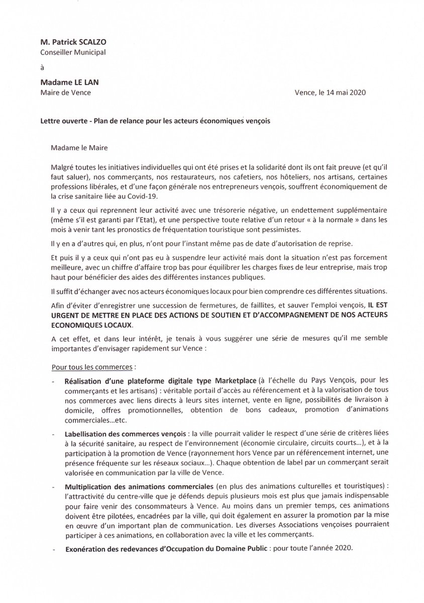 PatrickScalzo's tweet photo. Lettre ouverte adressée ce jour à Mme le Maire de #Vence concernant un plan de #relance pour les acteurs économiques vençois. Beaucoup sont en souffrance. 
J'invite les vençois à redécouvrir leur ville, à consommer local, et à retrouver l'essentiel... Vence !
@NiceMatinCagnes https://t.co/gUMSeY7F3l