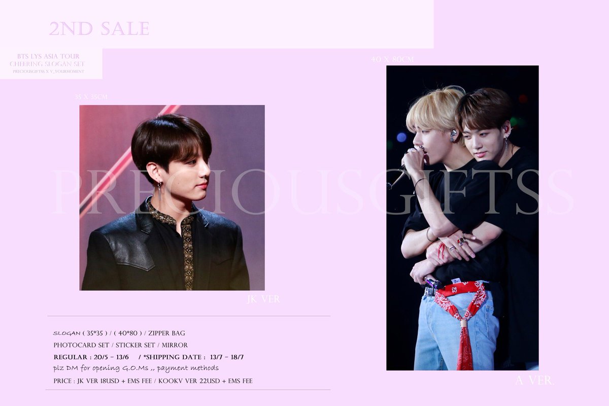 PreciousGiftss's tweet photo. Cheering Slogan Set 2nd &amp; stock sale .

// Deposit Time/입금기간 //
🌙 20.05.20 - 20.06.13

// Shipping Time //
20.07.13 - 20.07.18❣️

RT추첨을 통해 4분께 JK KV 슬로건 세트 （각 2 부）보내드리겠습니다！⚡️

Go Manager Please DM🤍

// STOCK SALE //
JK 세트 - 38 https://t.co/D7XBTbvv4Q