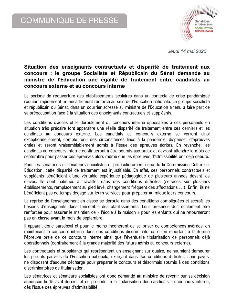 senateursPS's tweet photo. Situation des enseignants contractuels et disparité de traitement aux concours : nous demandons au ministre de l’Education une égalité de traitement entre candidats au concours externe et au concours interne #capes2020 #agregation2020 #concoursinternes https://t.co/h3lHJxwpY3