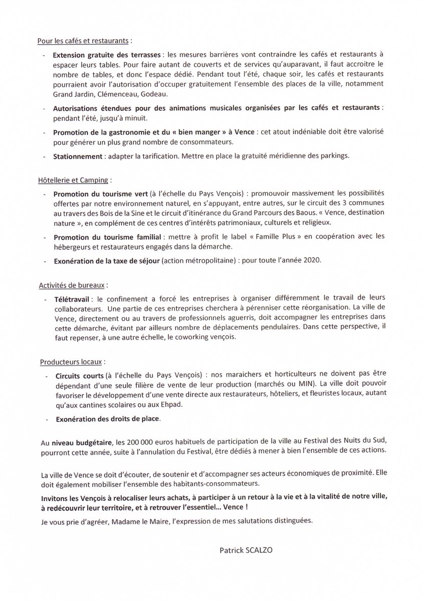 PatrickScalzo's tweet photo. Lettre ouverte adressée ce jour à Mme le Maire de #Vence concernant un plan de #relance pour les acteurs économiques vençois. Beaucoup sont en souffrance. 
J'invite les vençois à redécouvrir leur ville, à consommer local, et à retrouver l'essentiel... Vence !
@NiceMatinCagnes https://t.co/gUMSeY7F3l
