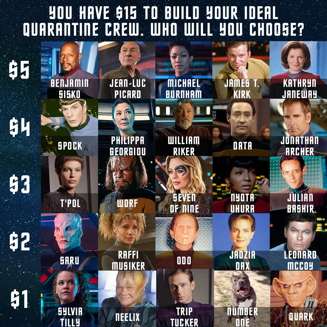 StarTrek's tweet image. You have $15 to build your #StarTrek Quarantine Crew. Who will you choose? ✨ bit.ly/STQuarantineCr…
