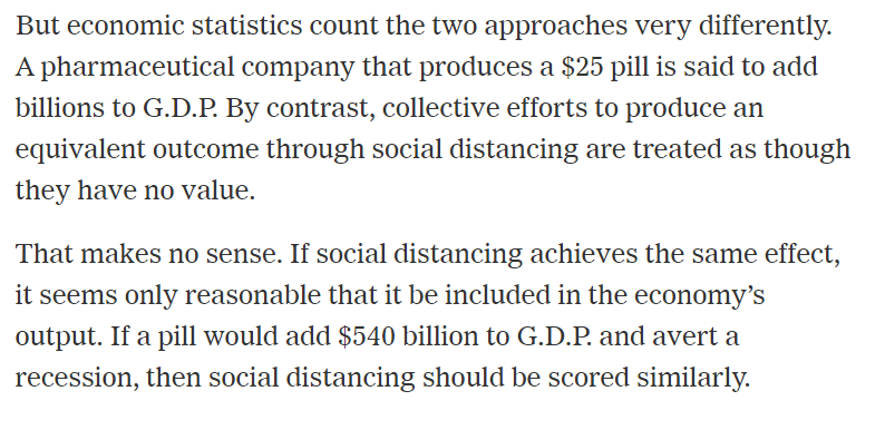 Here's the kicker: We have this pill. It's called social distancing. It has the exact same medical effect, in that it prevents you from getting coronavirus.But while the pill would be scored as adding to GDP, our efforts at social distancing are scored as if they have no value
