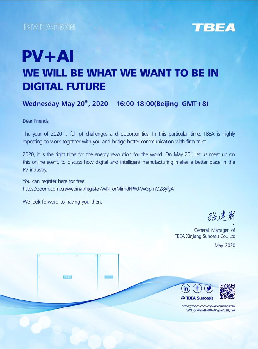 TBEASolarIndia's tweet photo. TBEA invites you to join our upcoming #webinar on May20th at Beijing Time 4pm to 6pm. (10am, CEST ). 

We will discuss how #digital and #intelligent manufacturing makes a better place in the PV industry. 

#Free Registration Link
https://t.co/whzpSv5byo https://t.co/x1d60PZIxf