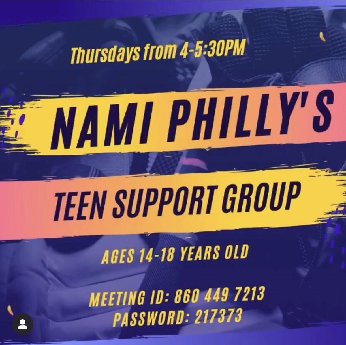 If you are between the ages of 14-18, our friends at <a href="/NAMI_PHILA/">NAMI Philadelphia</a> are hosting a virtual Teen Support Group on Thursday’s, 4-5:30 p.m.

ZOOM MEETING ID: 860-449-7213
PASSWORD: 217373

Due to the age of the participants, video must be enabled.