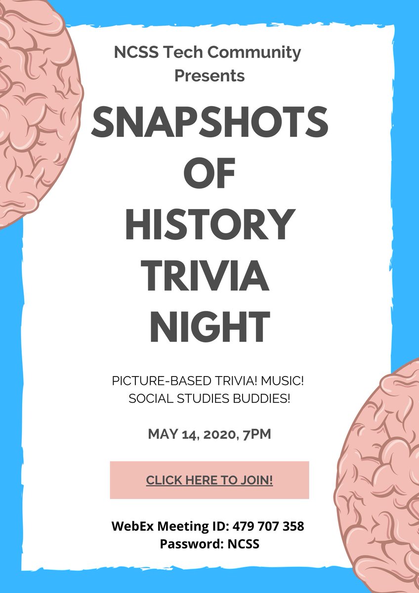 NCSSNetwork's tweet photo. Tonight at 7 PM EDT, join the @TechNCSS for a rousing round of trivia! This time they'll be doing all image trivia, so pack up your pictorial social studies game and bring it along for a shot at winning one of their prizes. Use this link to join: https://t.co/ixHzbL9yuL

#sschat https://t.co/ydAuTkUUcA