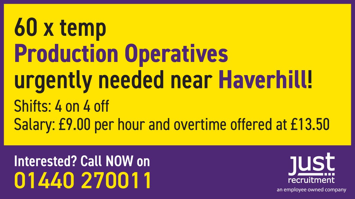 JRGLtd's tweet photo. 60 x #temp #Production #Operatives urgently needed near #Haverhill!

Shifts: 4 on 4 off
Salary: £9.00 per hour and overtime offered at £13.50

Interested? Call us NOW on 01440 270011

@HaverhillFB @ReachHaverhill @haverhill #jobsearch #productionoperative #productionoperatives https://t.co/ZKOpjrB61x