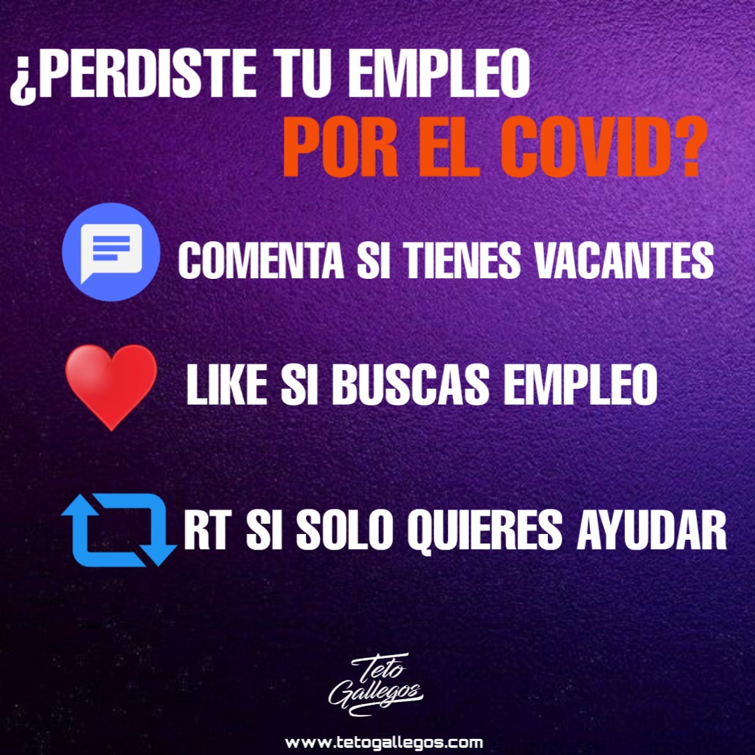 tetogallegos's tweet photo. ¿Perdiste tu trabajo por culpa del #COVID19? Comenta sobre tu área de expertise. 
¡Entre todos podemos ayudar a poner nuestro granito de arena para que llegue a la persona adecuada! 👌 https://t.co/0dvi1wAGTv