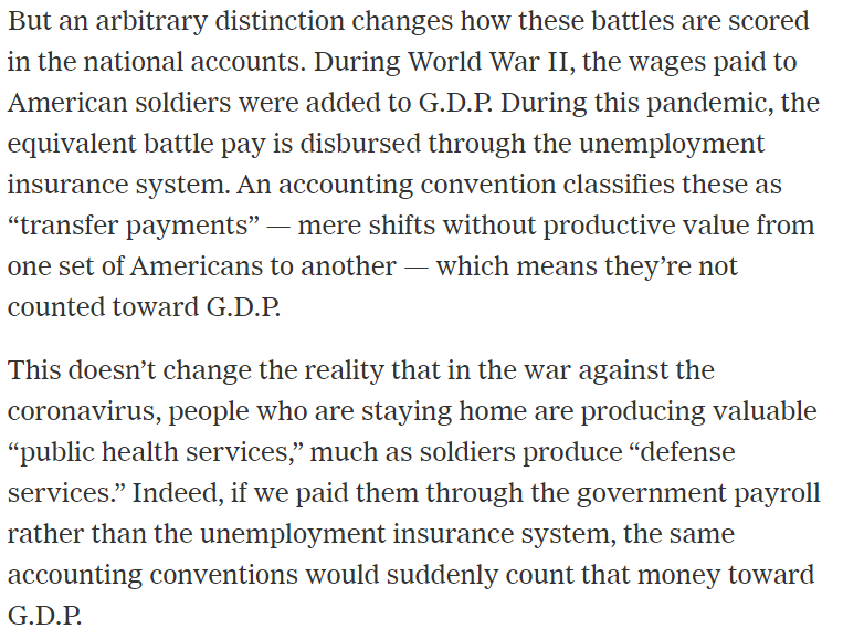 Sort of.Fun fact, much of the WWII "boom" was simply wages we paid the soldiers for providing "defense services."This time, we're paying them through the UI system, so it's accounted as an unproductive transfer payment.(Is it really that different though?)