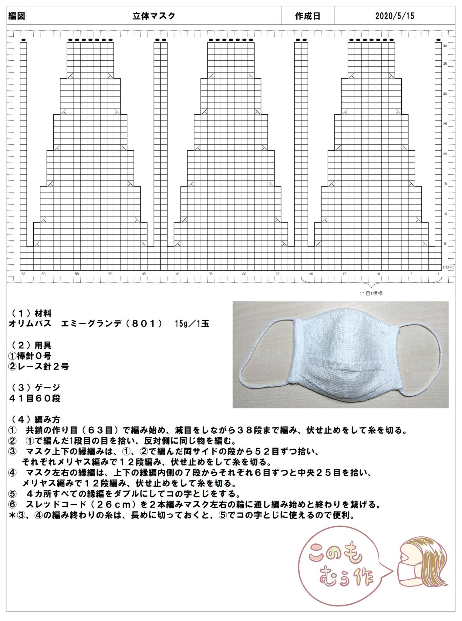 このもむぅ マスクを編みました 旦那さんが編み方図を作ってくれましたので公開いたします O O 手作りマスク 編物 エミーグランデ レース編み 棒針編み 手芸 立体マスク 編み図 オリムパス 左顔 T Co oxapr15l Twitter