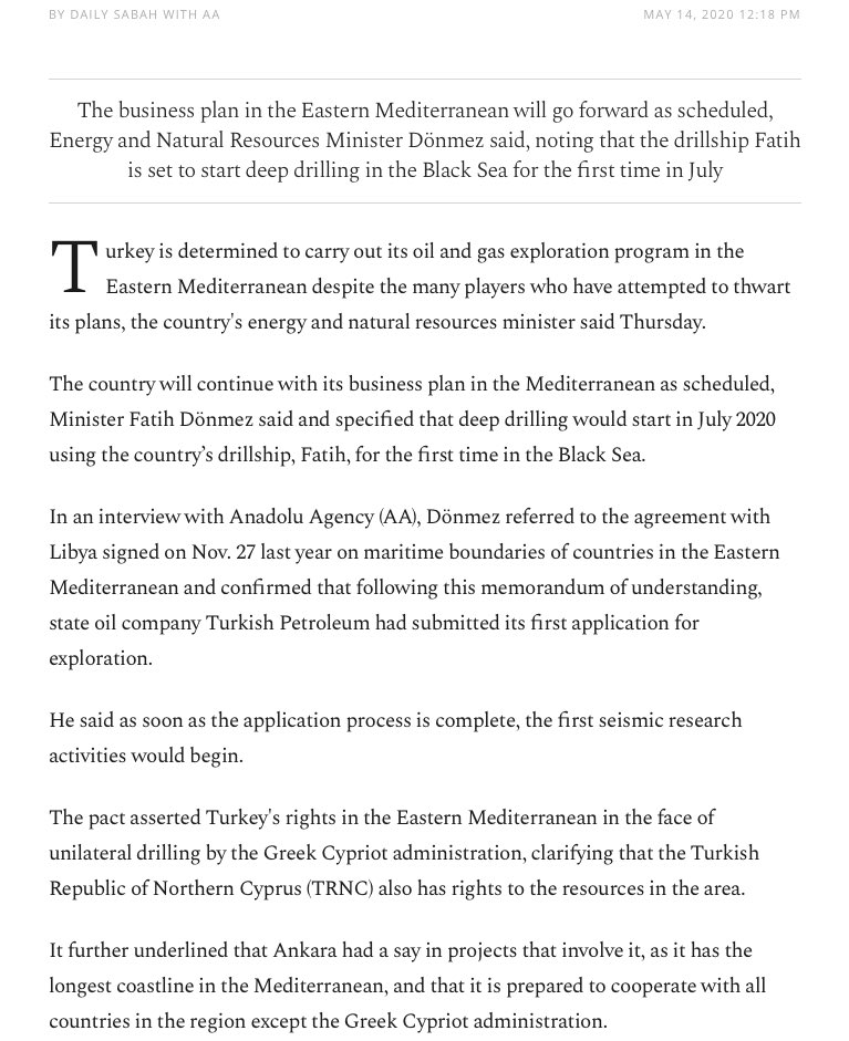 Turkey to carry out first Black Sea hydrocarbon drilling, eager to pursue East Med research plan  https://www.dailysabah.com/business/energy/turkey-to-carry-out-first-black-sea-hydrocarbon-drilling-eager-to-pursue-east-med-research-plan