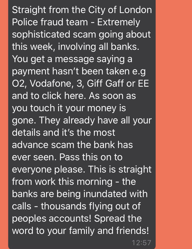 reportfrauduk's tweet photo. We are aware of a rumour circulating via WhatsApp, SMS and social media which references @CityPoliceFraud claiming that bank customers are being targeted by the #smishing scam below.

The content of this message is false. https://t.co/VDMs30jniM
