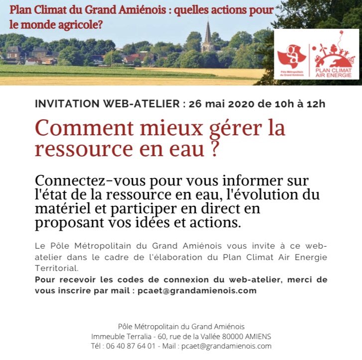 Le pôle métropolitain du grand amiénois organise dans le cadre du Plan Climat Air Énergie un web atelier sur le thème suivant : Comment gérer le ressource en eau ?
Inscrivez-vous !