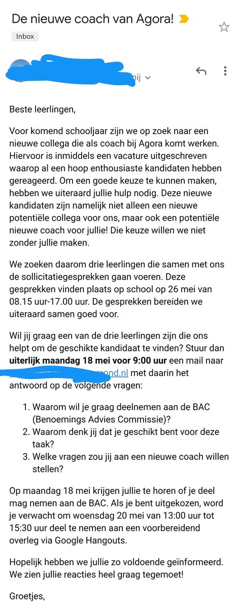 RobHouben's tweet photo. Nieuwe collega's aannemen? Bij @agoraroermond doen we dat samen. Samen met leerlingen! Vandaar dat al onze leerlingen bijgevoegde mail gekregen hebben. https://t.co/nM3kaVZaFi