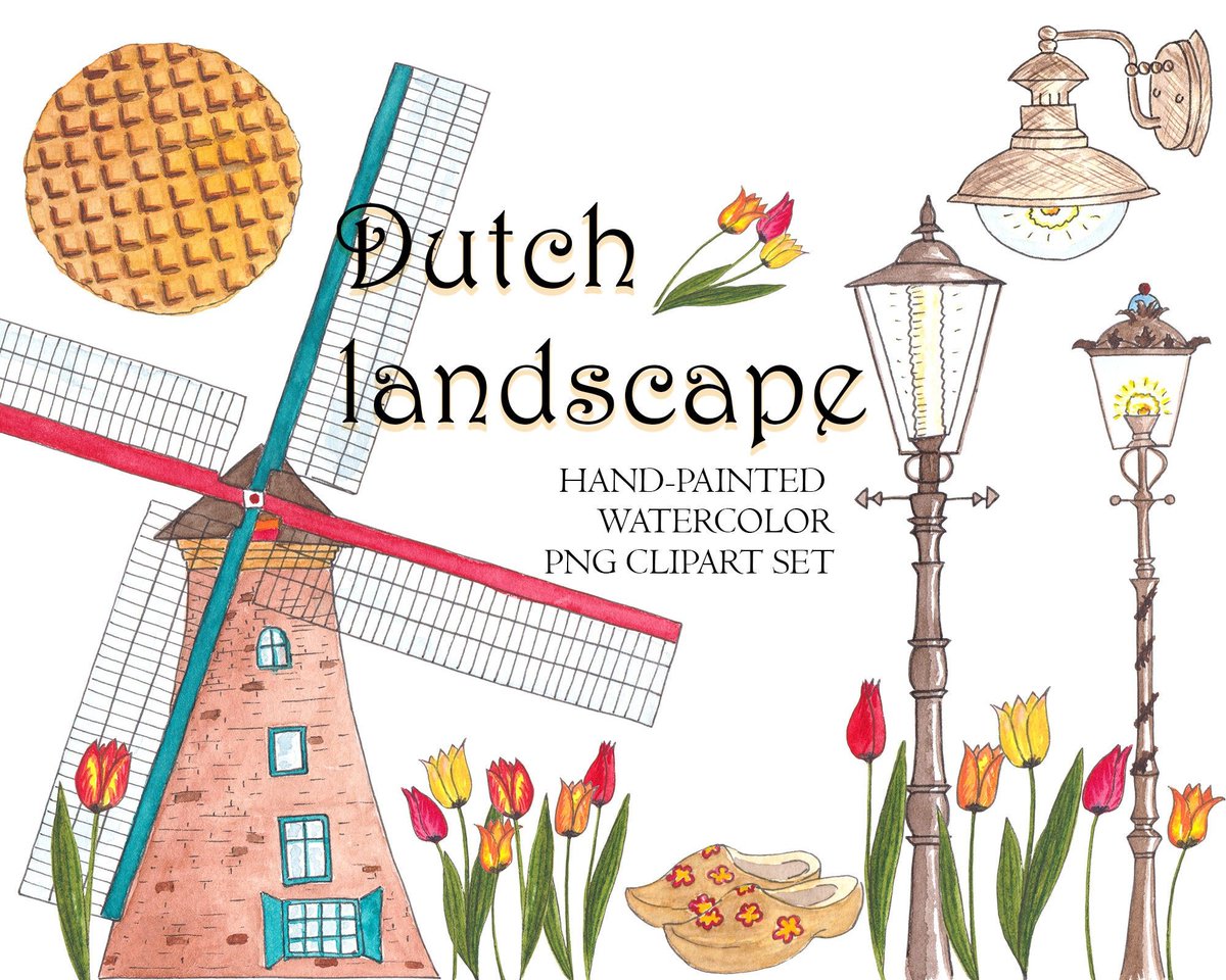 LinagaiaA's tweet photo. DUTCH LANDSCAPE watercolor clipart set with windmill, stroopwafel, tulips and street lamps.🧡 https://t.co/GgprvmbomG
#watercolor #clipart #illustrations #illustrator #clipart #png #windmill #tulips #stroopwafel #Netherlands #travelart #dutchart #digitalart #DigitalArtist https://t.co/e5q37l2G0H