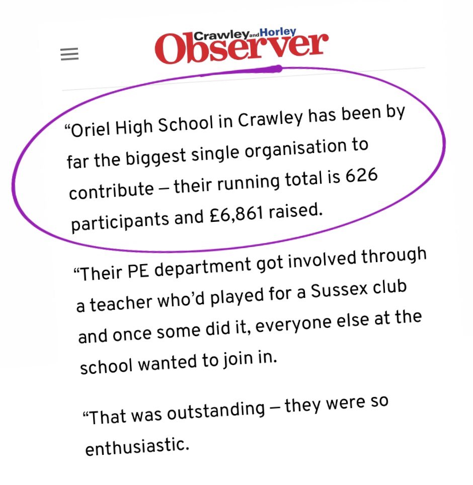 A special story in all Sussex newspapers this week, including tomorrow’s @Crawley_Obby reports on the overwhelming success of @Run5k4NHS fundraising for @bsuhcharity. It’s not too late to help Oriel’s total to £7,000 & the overall total to £50,000! #Proud #OrielPE 🙌🏽💜😊🔥👏🏽🙏🏽