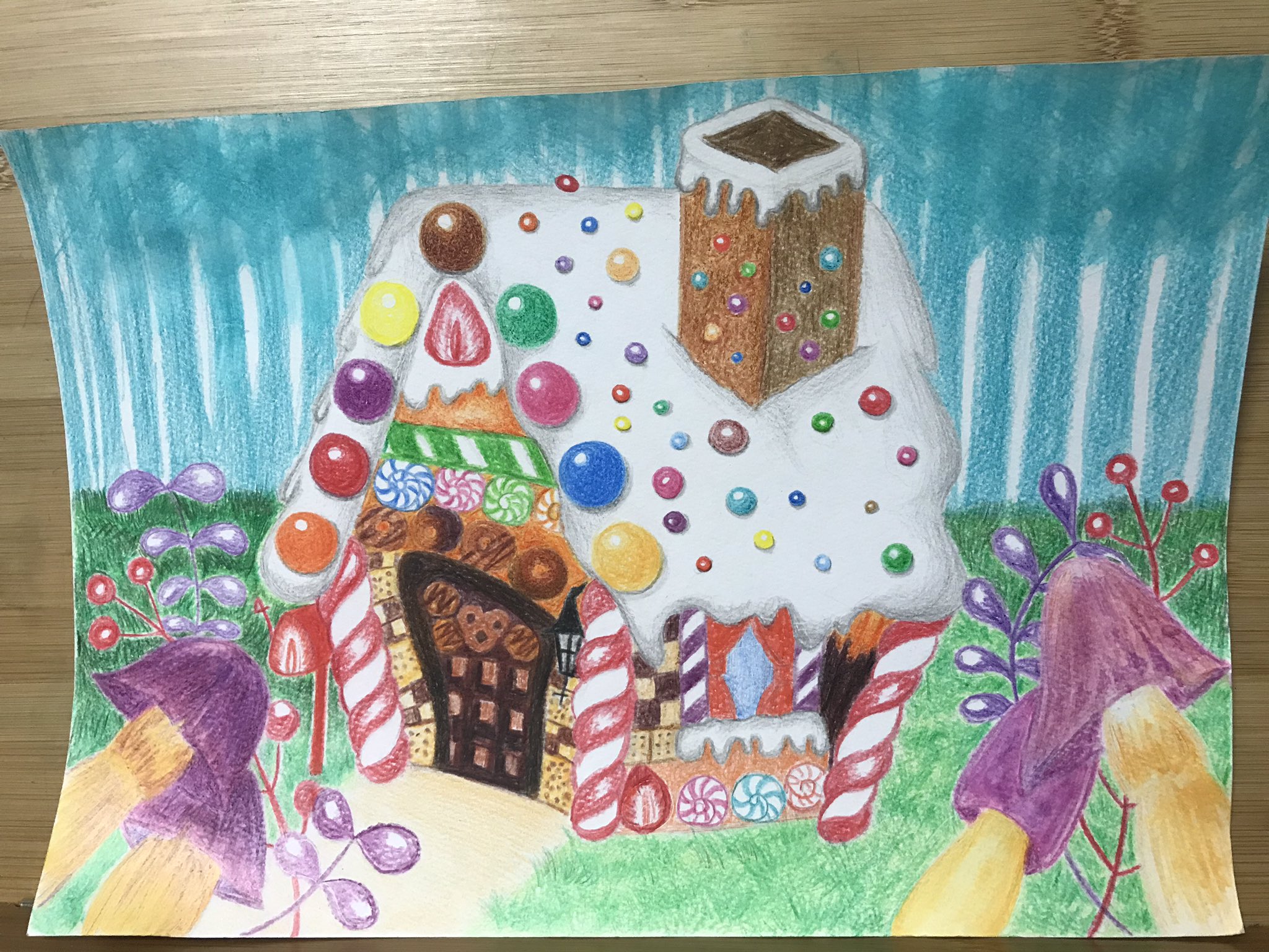 Dianne イラスト デジタルart 色鉛筆画 チョークアート 看板 お菓子の家二つ描きました どこからたべますか お菓子作り好きな人と繋がりたい お菓子の家 森 色鉛筆画 ハウス スイーツ スイーツハウス 甘いお菓子 イラスト お菓子の